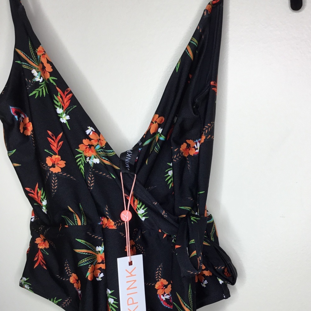 Mink Pink Hibiscus Print Wrap One Piece Swim Suit NWT